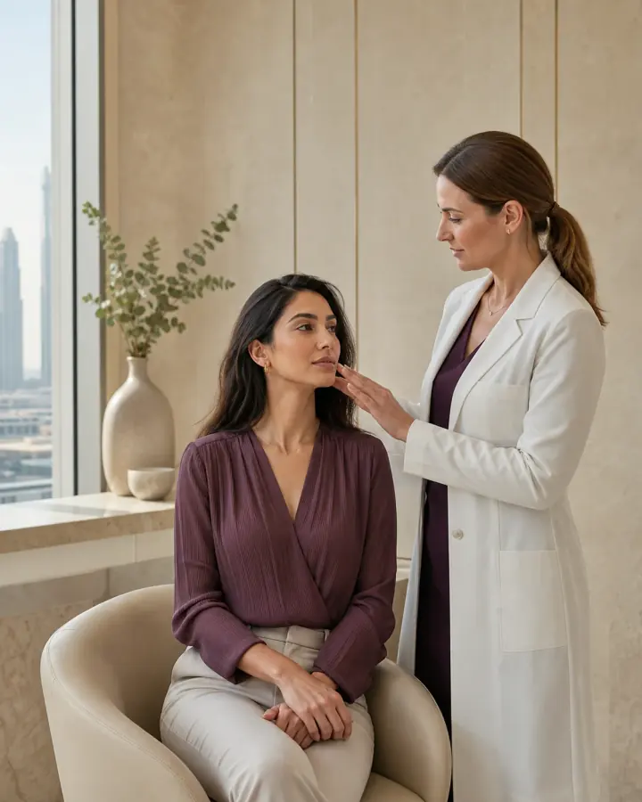 مراجعة بالغة لأهداف توازن ملامح الوجه مع مختصة تجميل في دبي